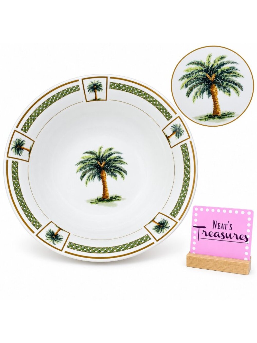 Gibson Designs BAHAMA  Palm Tree Motif Green Zig-Zag Bands Rim 9" Serving Bowl